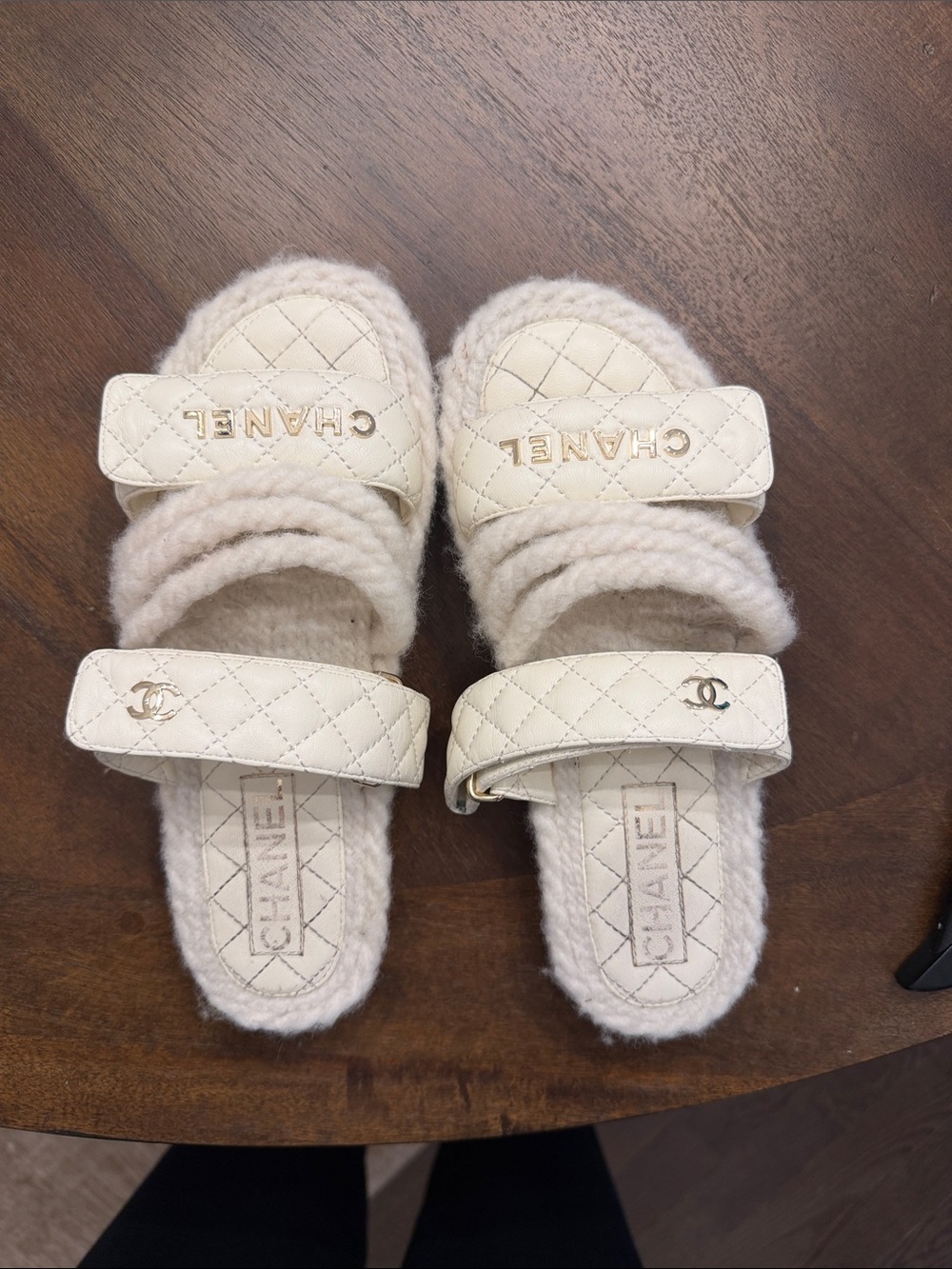 CHANEL Cream Quilted Shearling Strap Slides with Gold Logos